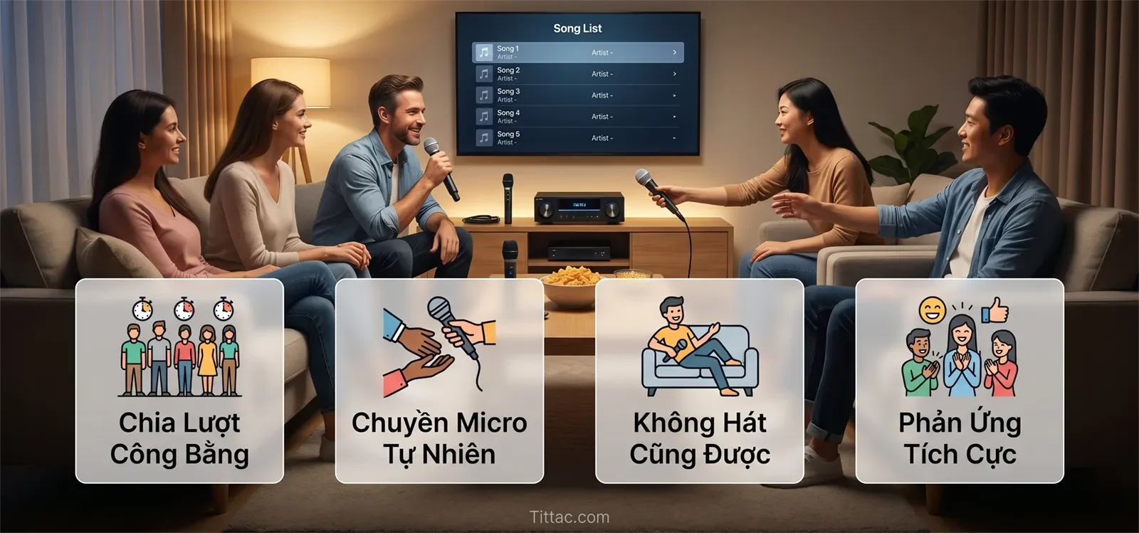 Nguyên tắc karaoke tại nhà về chia lượt công bằng, chuyền micro tự nhiên, quyền từ chối hát và phản ứng tích cực.