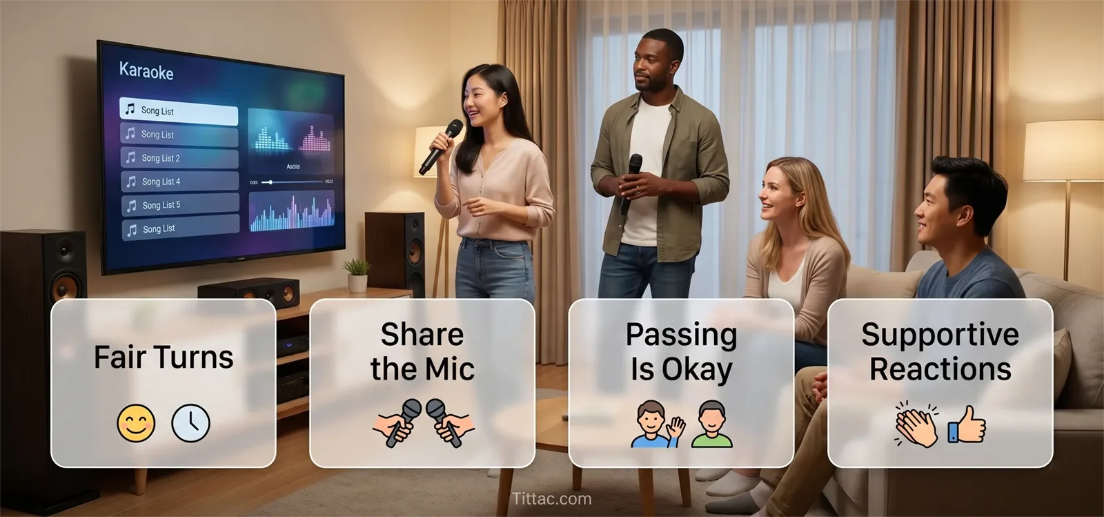 Karaoke etiquette tips for fair turns, microphone sharing, passing, and supportive reactions.