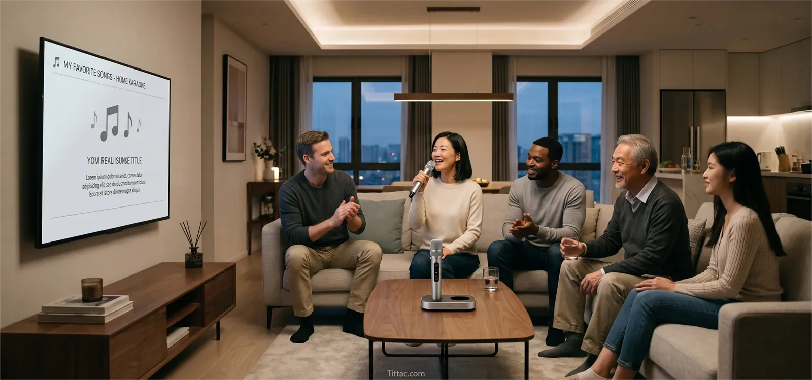 Friends and family sharing microphones fairly during a relaxed home karaoke night.