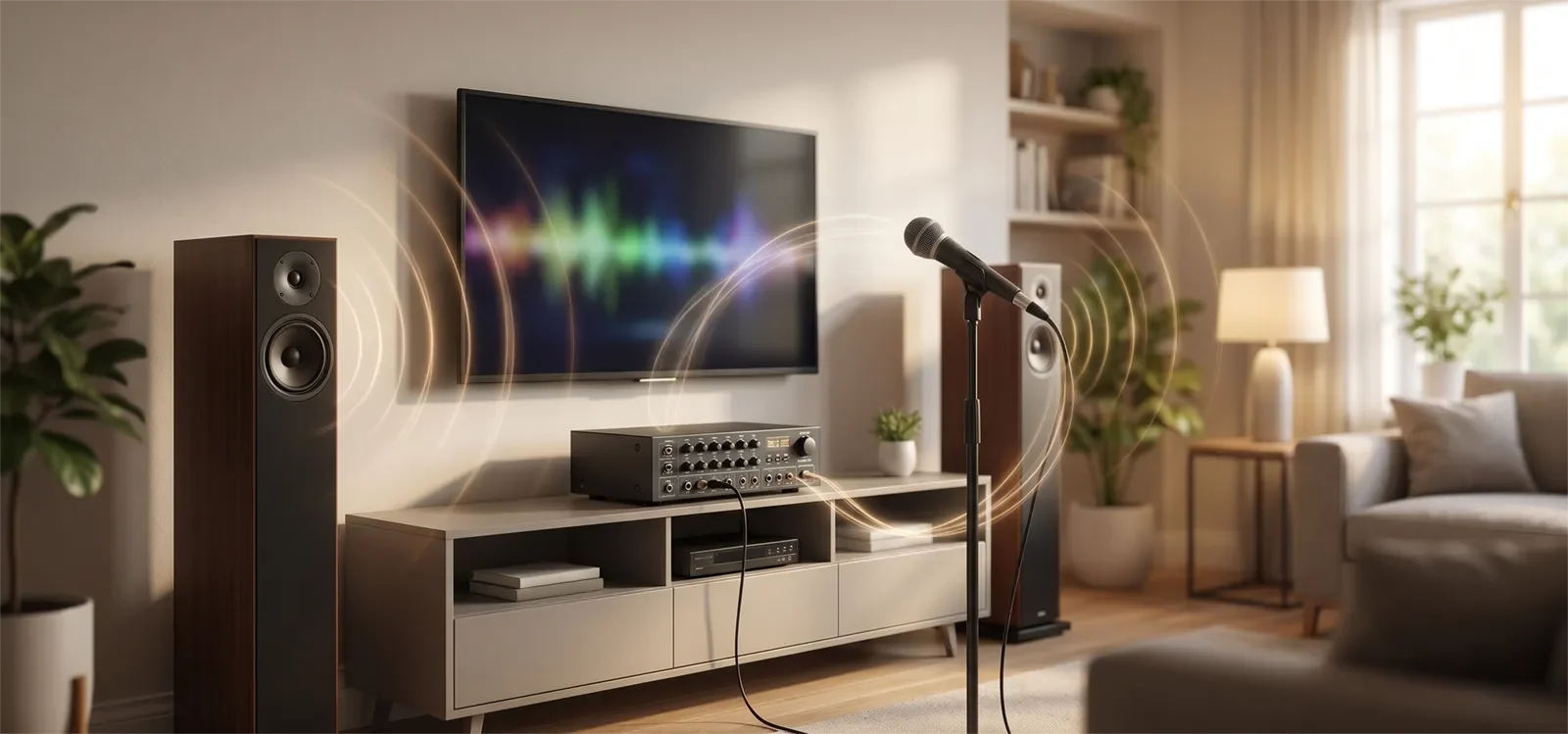 Dàn karaoke gia đình minh họa vòng lặp feedback giữa micro, loa và phản xạ trong phòng.