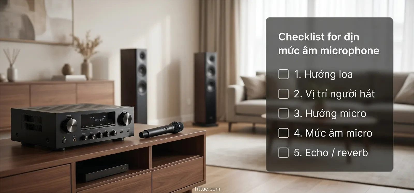 Checklist xử lý hú micro karaoke gồm hướng loa, vị trí người hát, hướng micro, mức âm micro và echo reverb.