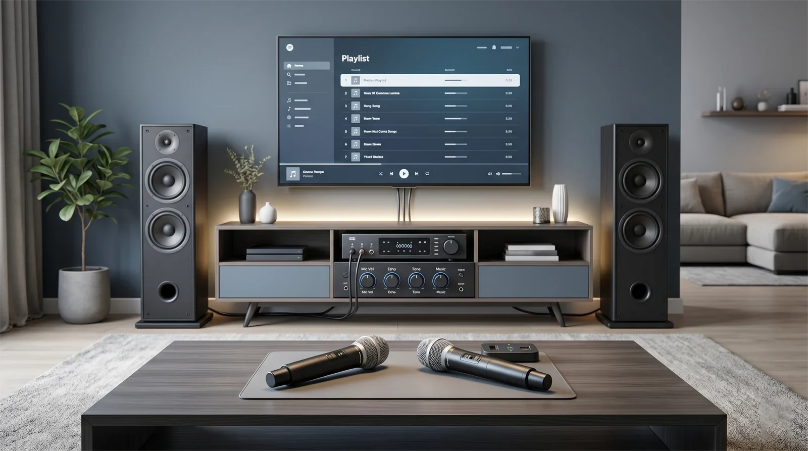 Karaoke-first home entertainment setup with microphones, speakers, and audio controls arranged for family singing.