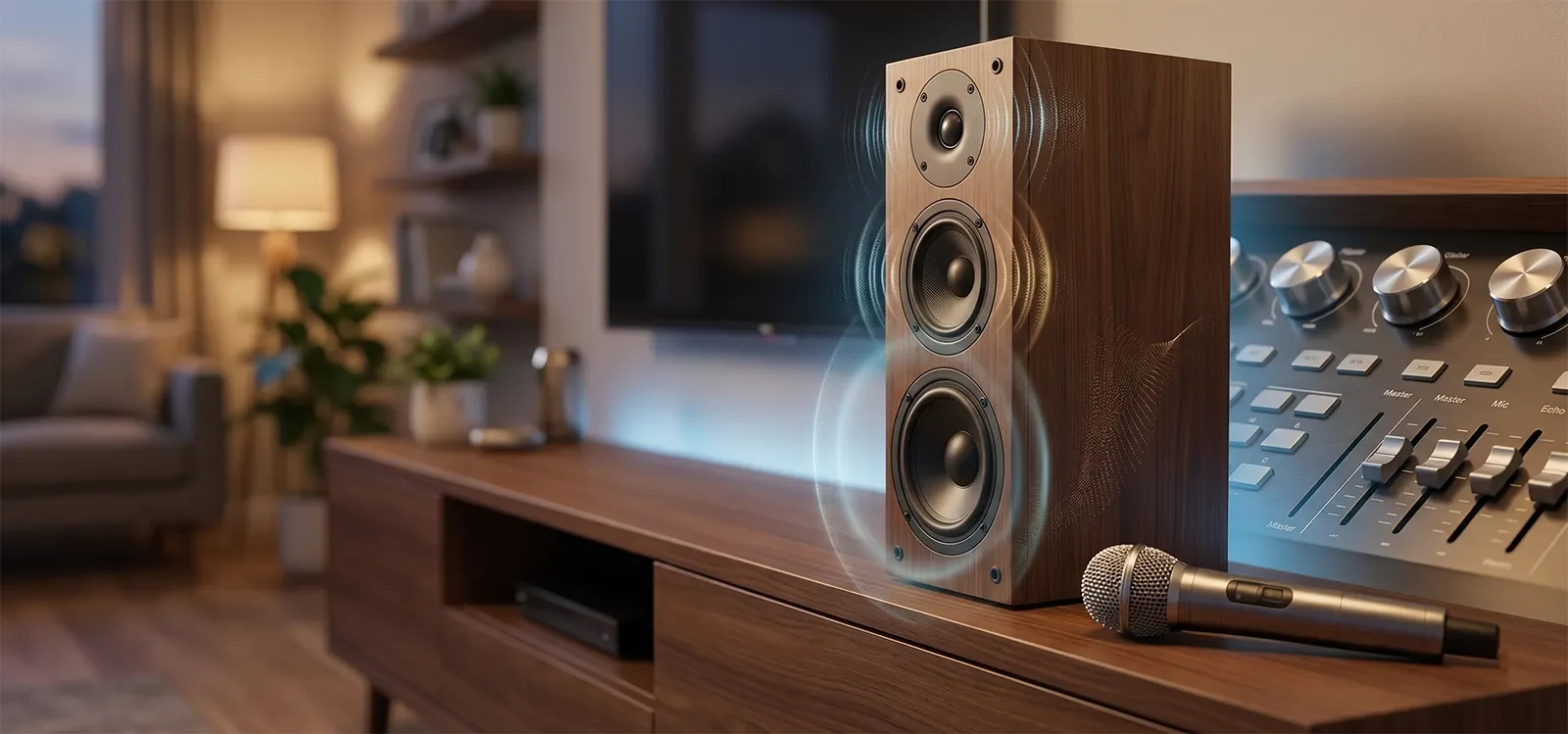 Close-up karaoke speaker and mixer showing frequency range as a useful clue but not a full sound-quality answer