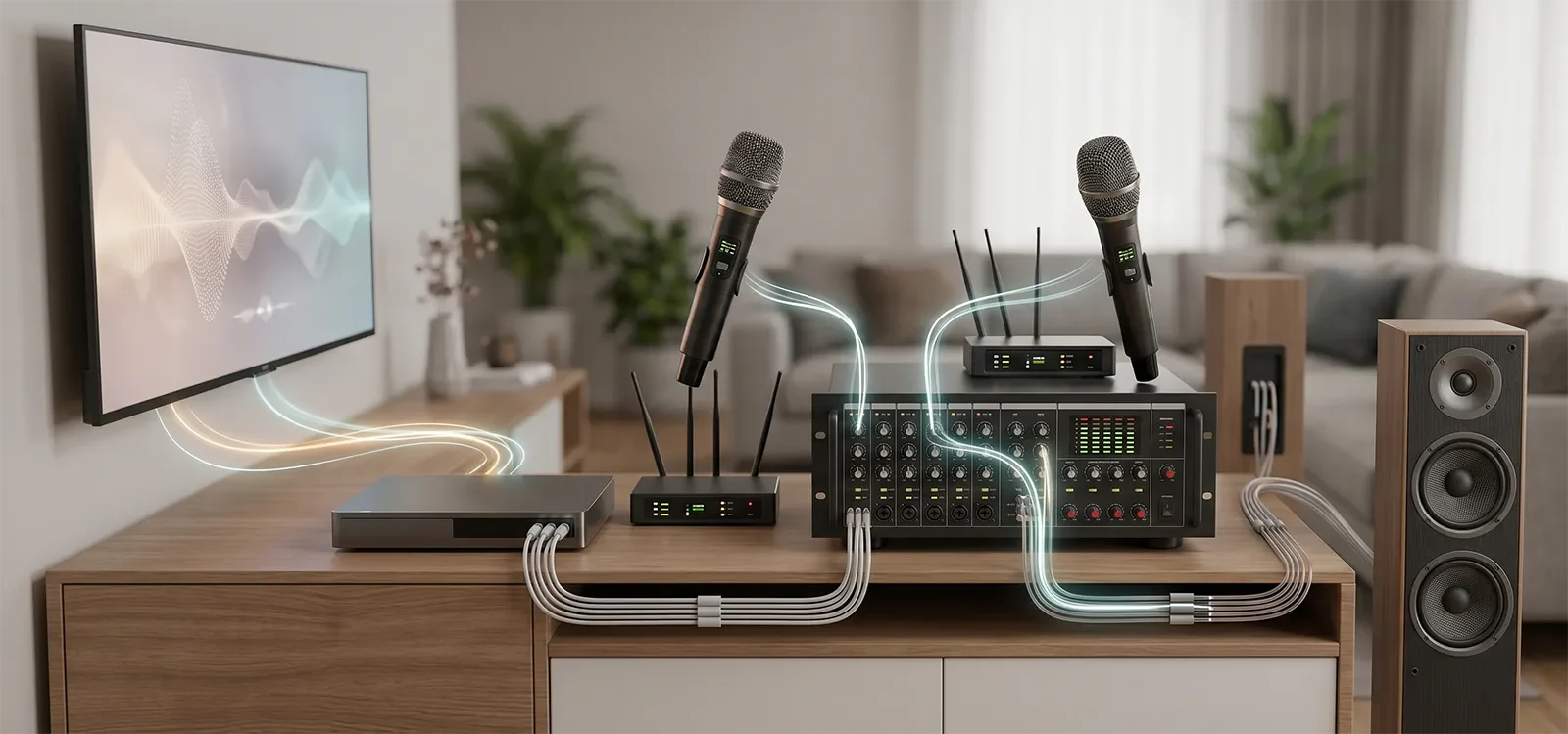 Chuỗi tín hiệu karaoke từ nguồn nhạc, micro, mixer, ampli đến loa để giữ gain structure hợp lý.