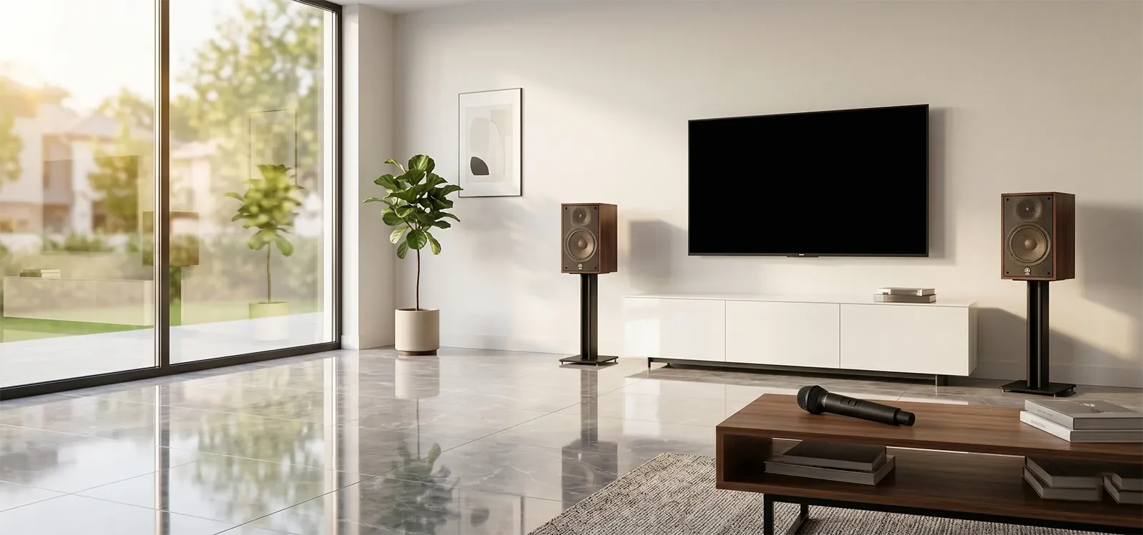 Sàn gạch, cửa kính, tường trống và kệ TV bóng trong phòng karaoke gia đình dễ phản xạ âm thanh