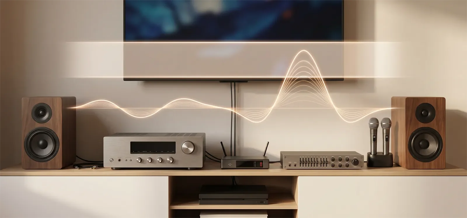 Minh họa headroom trong karaoke khi vocal lên cao và nhạc cao trào vẫn được giữ sạch, rõ và có kiểm soát.