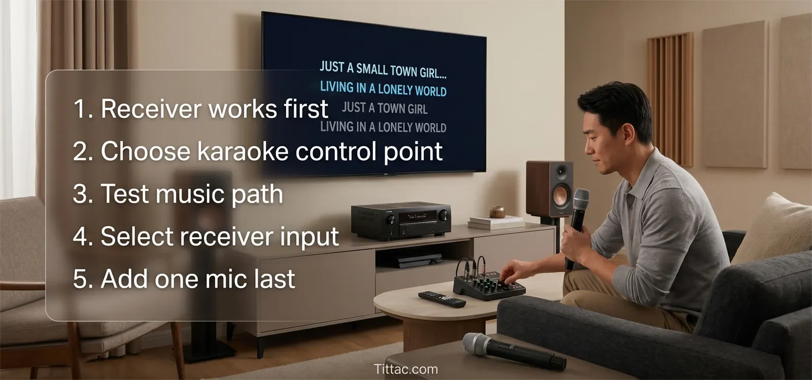 Home theater receiver karaoke connection checklist showing receiver works first, choose karaoke control point, test music path, select receiver input, and add one mic last.