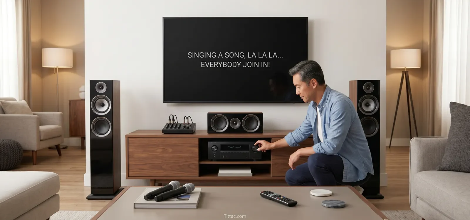 Setup karaoke tại nhà kết nối với home theater receiver, gồm bộ xử lý karaoke, micro, TV hiển thị lời và loa trong phòng.
