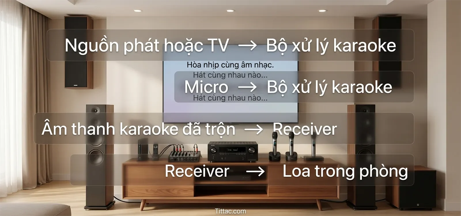 Sơ đồ đường tín hiệu karaoke với nguồn phát hoặc TV và micro đi vào bộ xử lý karaoke trước, rồi âm thanh đã trộn đi vào receiver và loa trong phòng.