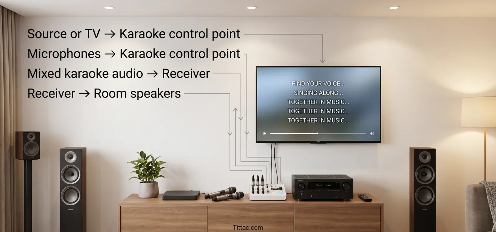 Karaoke home theater receiver signal path showing source or TV and microphones routed to a karaoke control point, then mixed audio to receiver and room speakers.