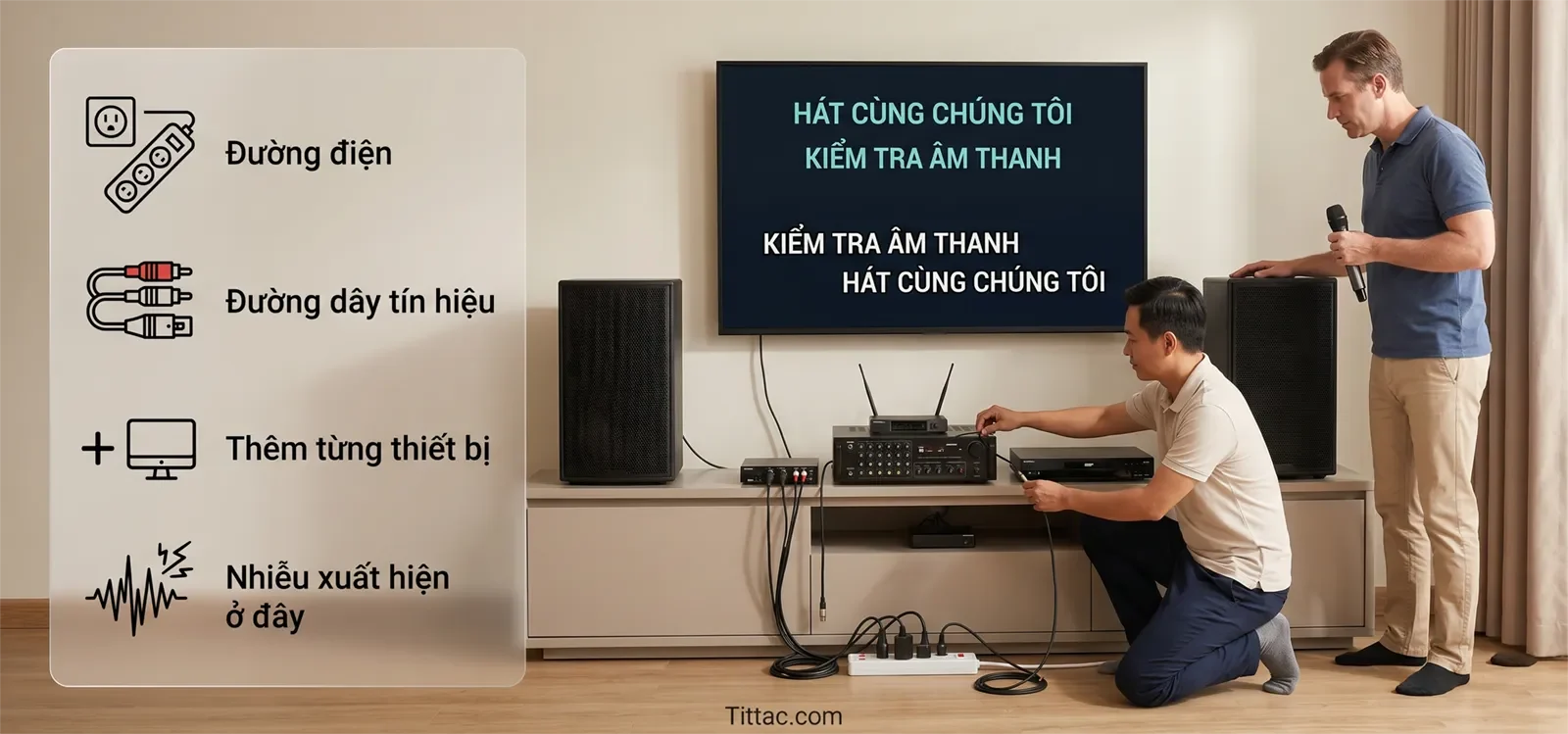 Minh họa quy trình kiểm tra tiếng hum và buzz của dàn karaoke theo đường điện, đường dây tín hiệu, thêm từng thiết bị và xác định nơi nhiễu xuất hiện.
