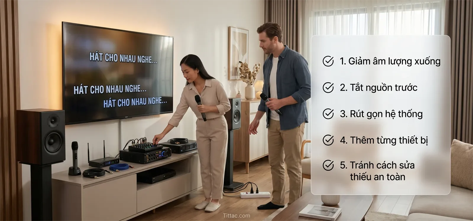 Checklist xử lý tiếng hum và buzz an toàn cho dàn karaoke gồm giảm âm lượng, tắt nguồn trước, rút gọn hệ thống, thêm từng thiết bị và tránh cách sửa thiếu an toàn.