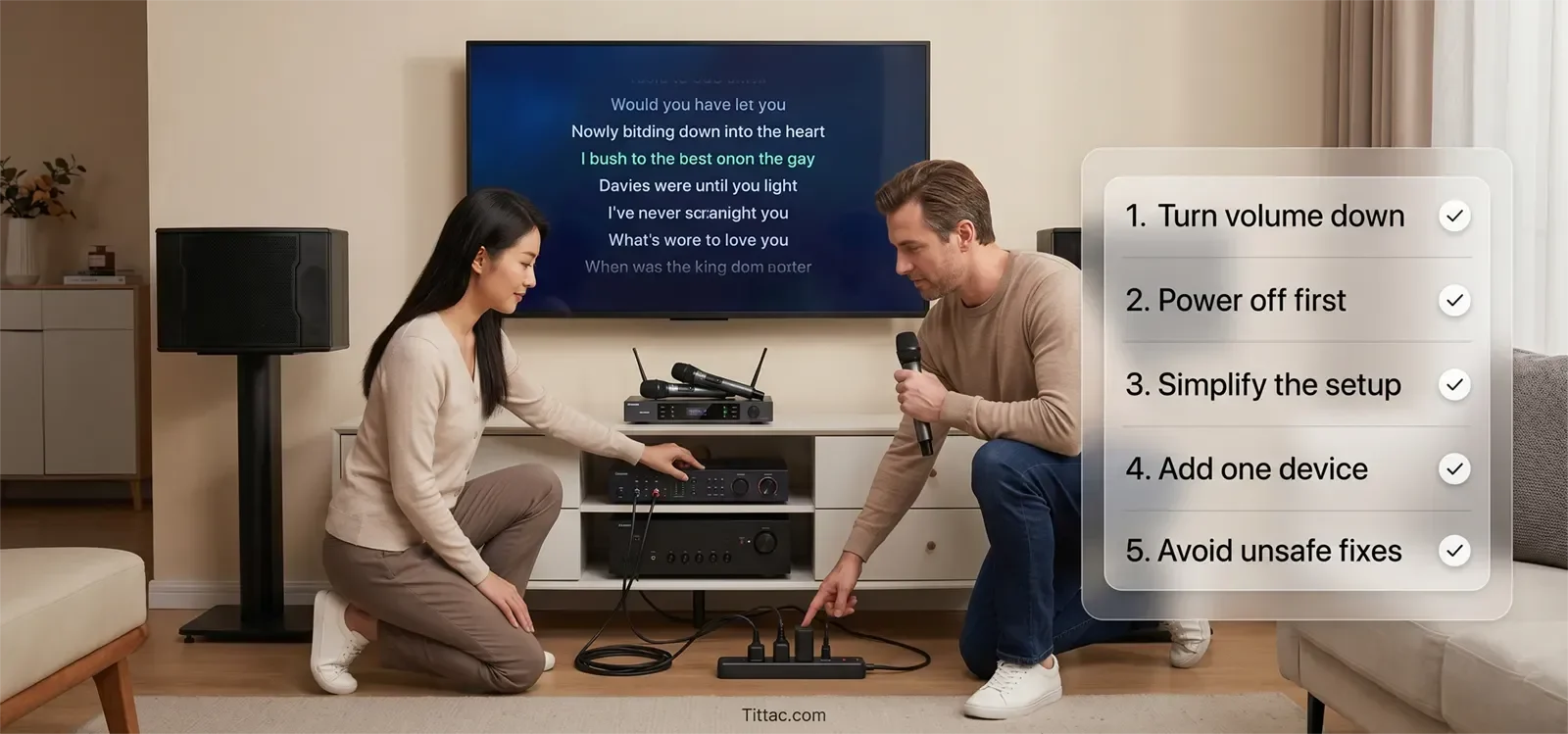 Safe karaoke hum and buzz troubleshooting checklist showing volume down, power off first, simplify setup, add one device, and avoid unsafe fixes.