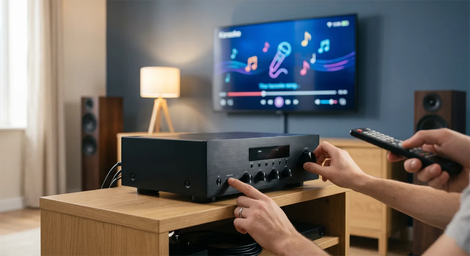 Người dùng kiểm tra input trên amply karaoke khi TV đang có hình nhưng âm thanh chưa ra loa karaoke.