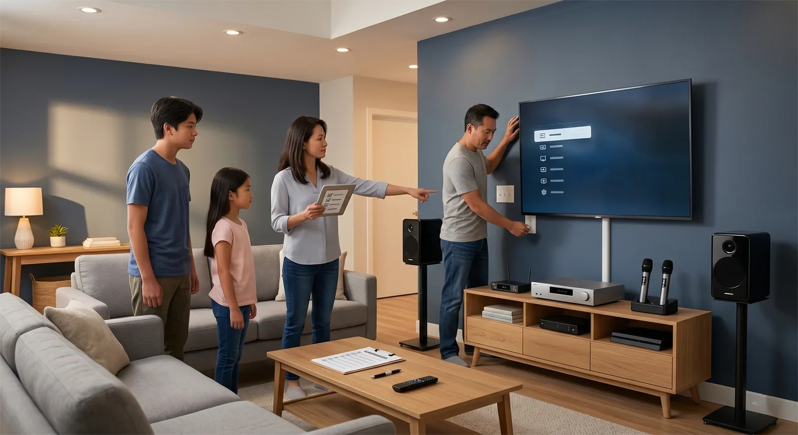 Gia đình người Việt tại Mỹ đang chuẩn bị mua dàn karaoke gia đình với TV, loa, micro không dây và bố cục phòng khách gọn gàng.