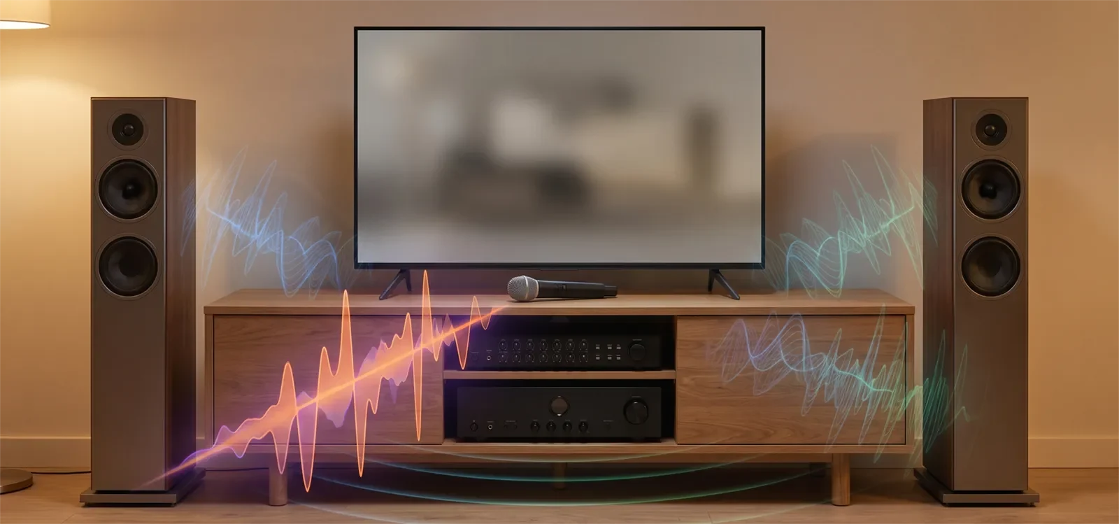 Visual concept of karaoke listening fatigue caused by vocal pressure, reflections, and dense sound.