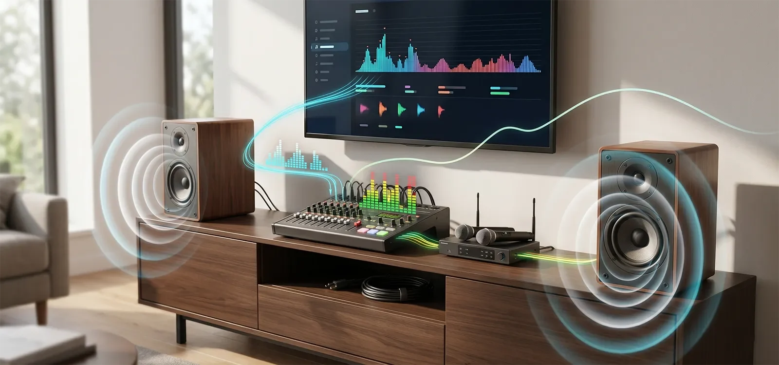 Visual comparison of room loudness, digital signal level, and track loudness in a home karaoke system.