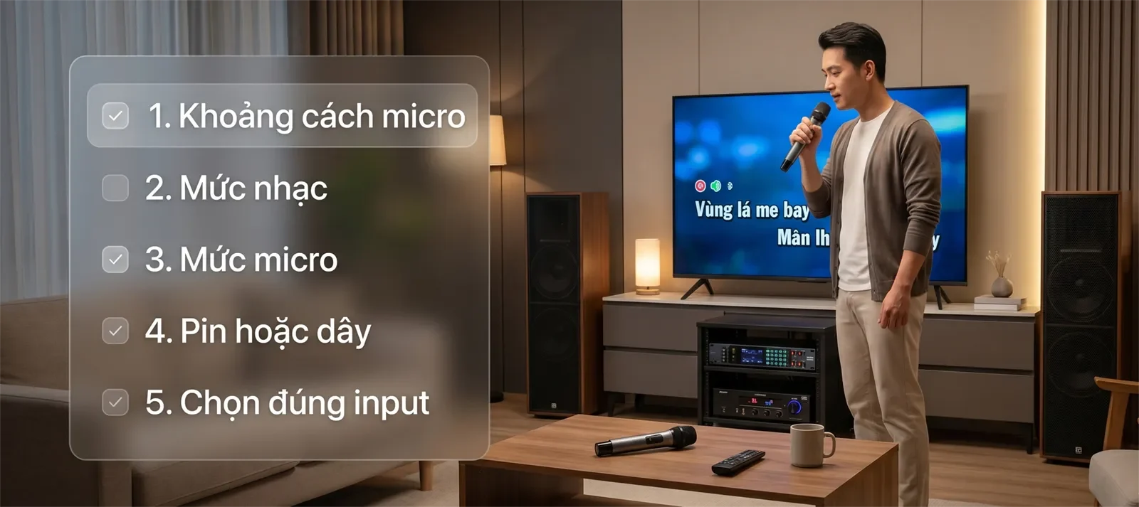 Checklist xử lý micro karaoke nhỏ tiếng gồm khoảng cách micro, mức nhạc, mức micro, pin hoặc dây và chọn đúng input.