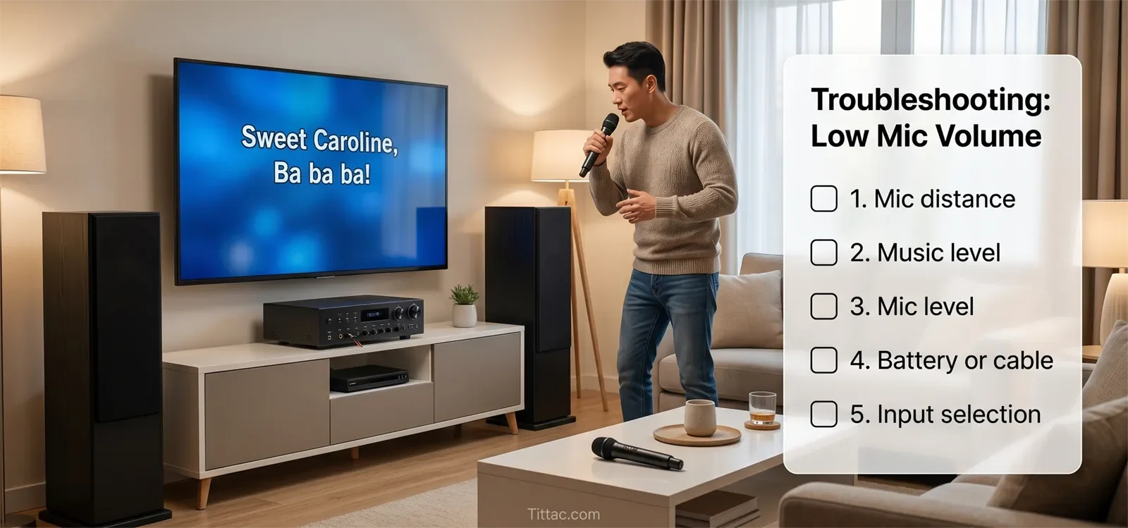 Low karaoke microphone volume troubleshooting checklist showing mic distance, music level, mic level, battery or cable, and input selection.