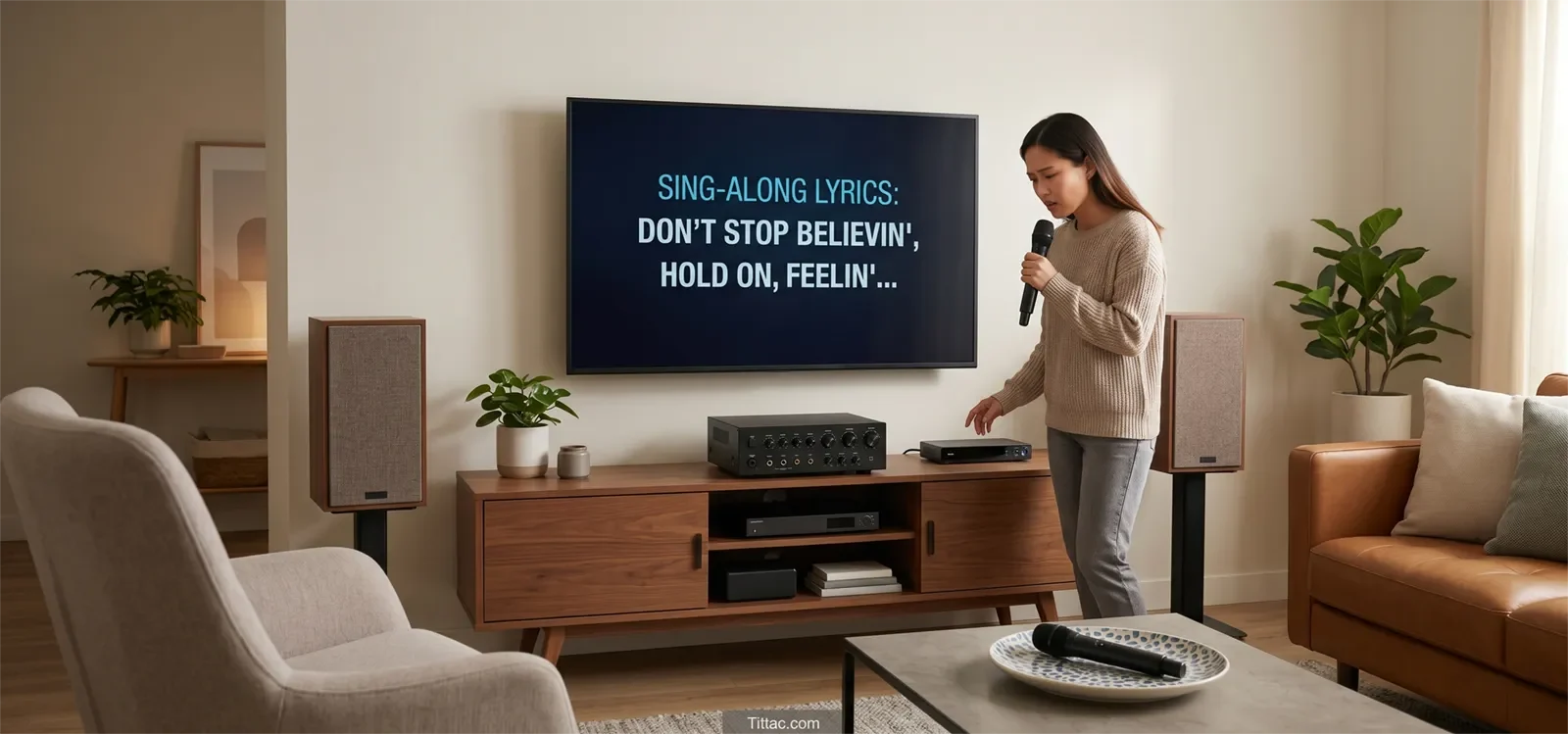 Home karaoke setup where the music plays normally but the singer’s wireless microphone sounds too low.