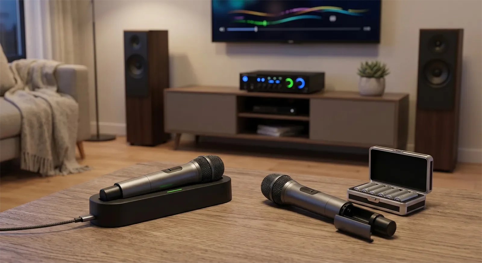 Family karaoke setup with wireless microphone charging and spare AA batteries ready for a party