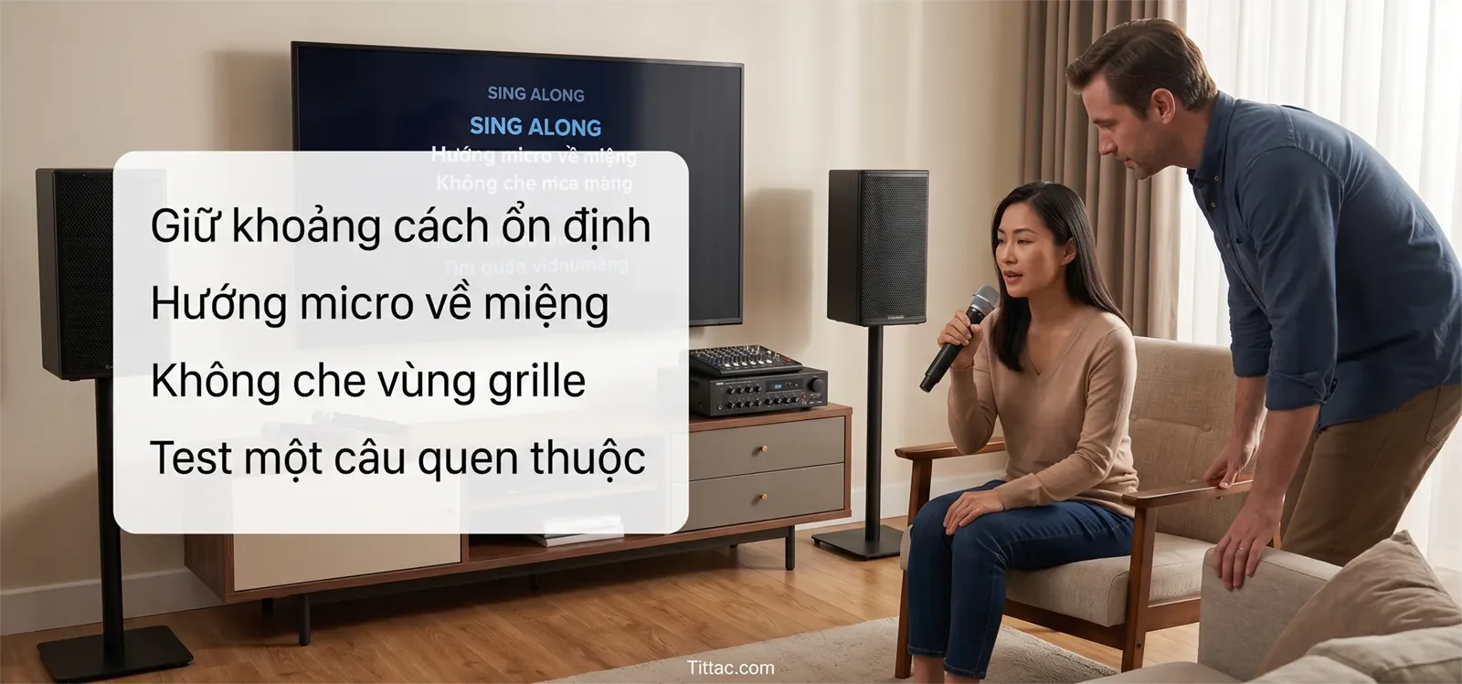 Minh họa cách cầm micro karaoke đúng với khoảng cách ổn định, hướng micro về miệng, không che vùng grille và test một câu quen thuộc.