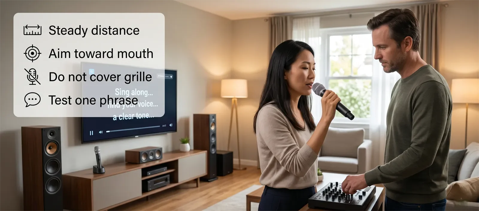 Karaoke microphone position guide showing steady distance, aiming toward the mouth, not covering the grille, and testing one phrase.