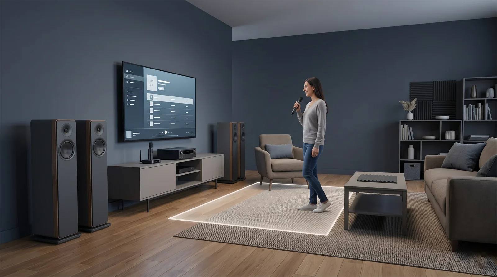 Phòng karaoke gia đình với người hát cầm micro không dây đứng phía sau hướng loa để giảm hú micro.