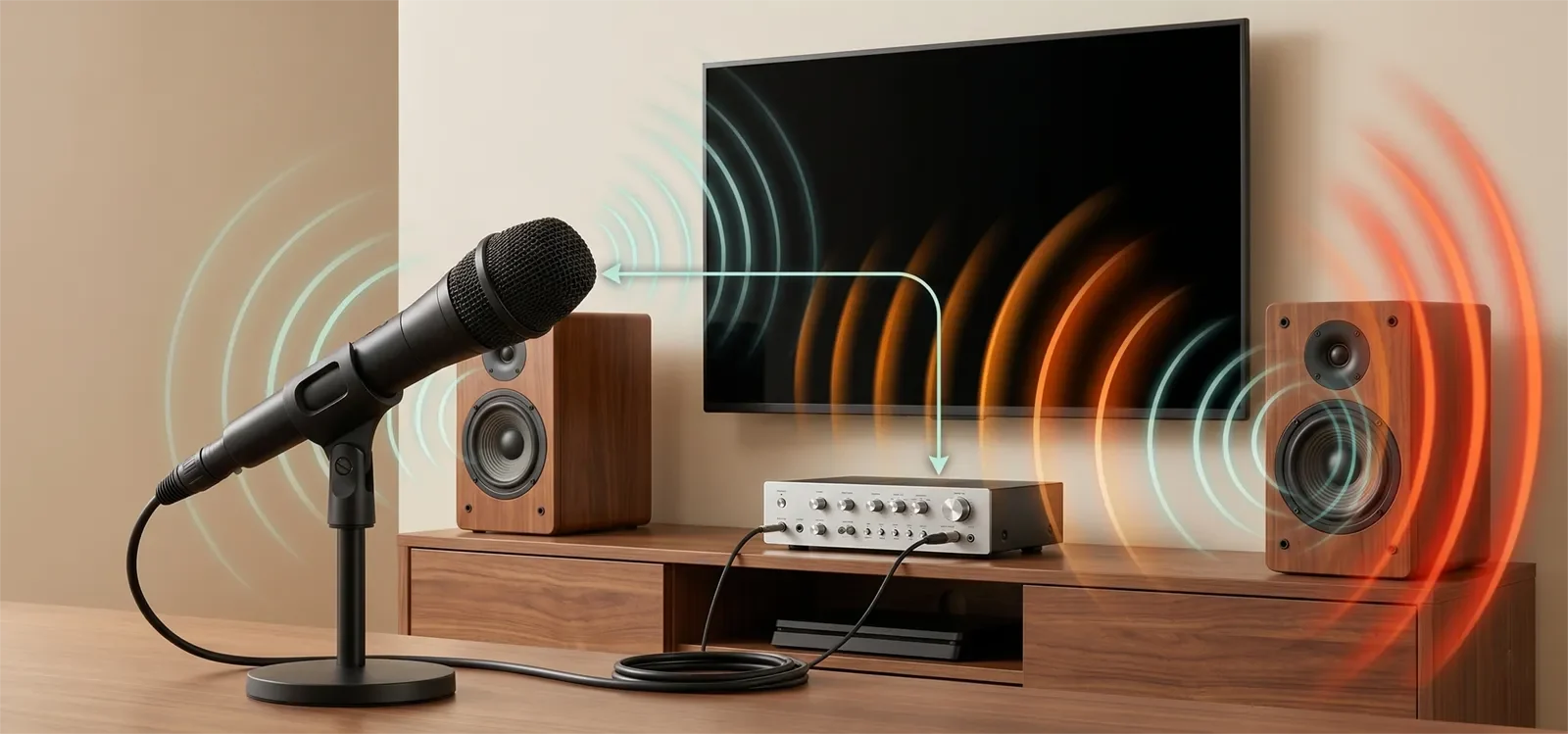 Minh họa micro karaoke thu lại âm thanh từ loa và tạo thành vòng lặp feedback.