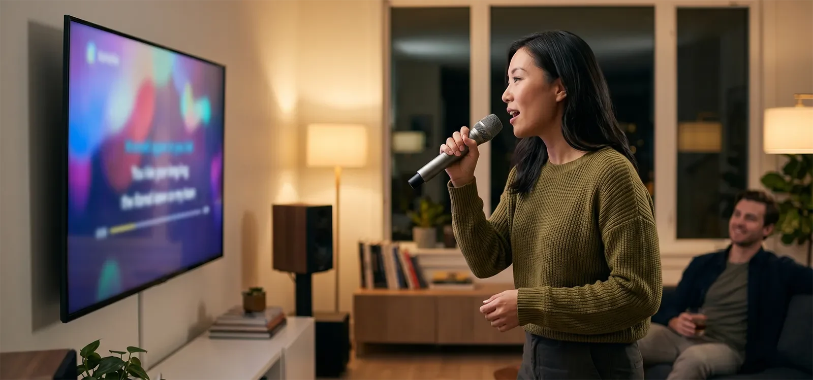 Người hát karaoke tại nhà nhìn vào màn hình TV và cầm micro đúng cách với tư thế tự nhiên