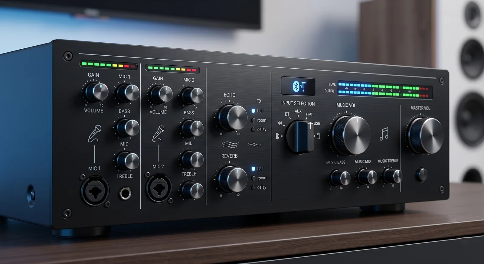 Close-up view of karaoke mixing amplifier controls including microphone volume, echo, reverb, tone, and input adjustments.