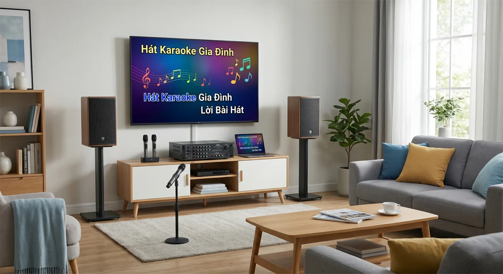 Home karaoke room setup showing proper speaker placement, mixing amplifier, microphones, and singer area in a living room.
