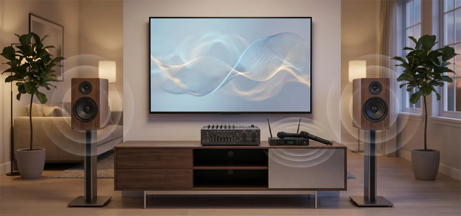 Home karaoke system showing clean quiet background noise level under music and vocals.