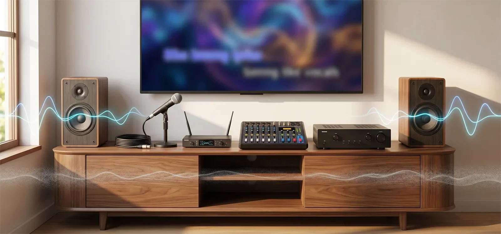 Visual concept of karaoke noise floor showing faint background hiss under the main audio signal.