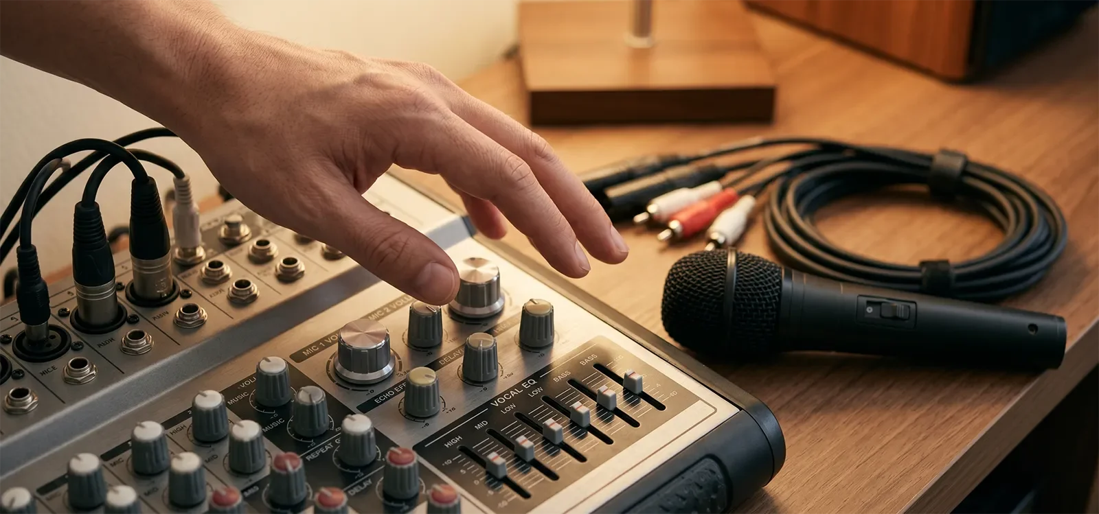 Close-up of a hand near karaoke mixer controls showing careful adjustment without over-tweaking