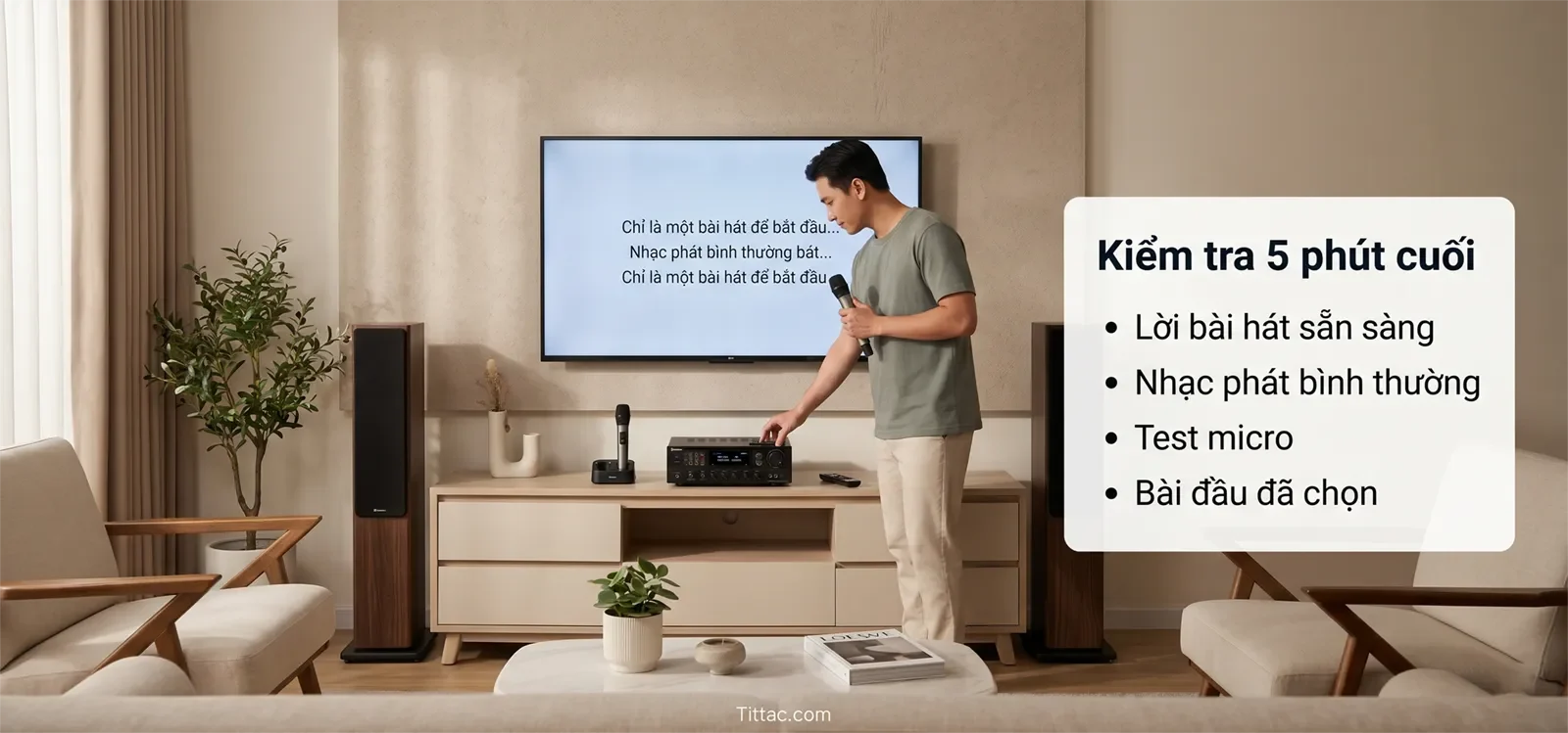 Kiểm tra 5 phút cuối trước buổi karaoke với lời bài hát sẵn sàng, nhạc phát bình thường, test micro và bài đầu đã chọn.