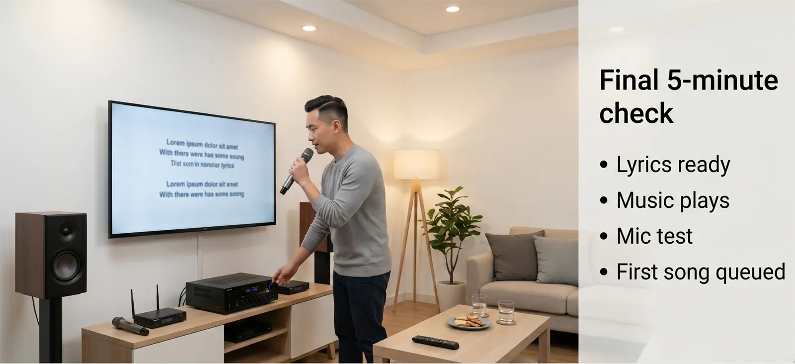 Final 5-minute karaoke party check showing lyrics ready, music playing, microphone test, and first song queued.