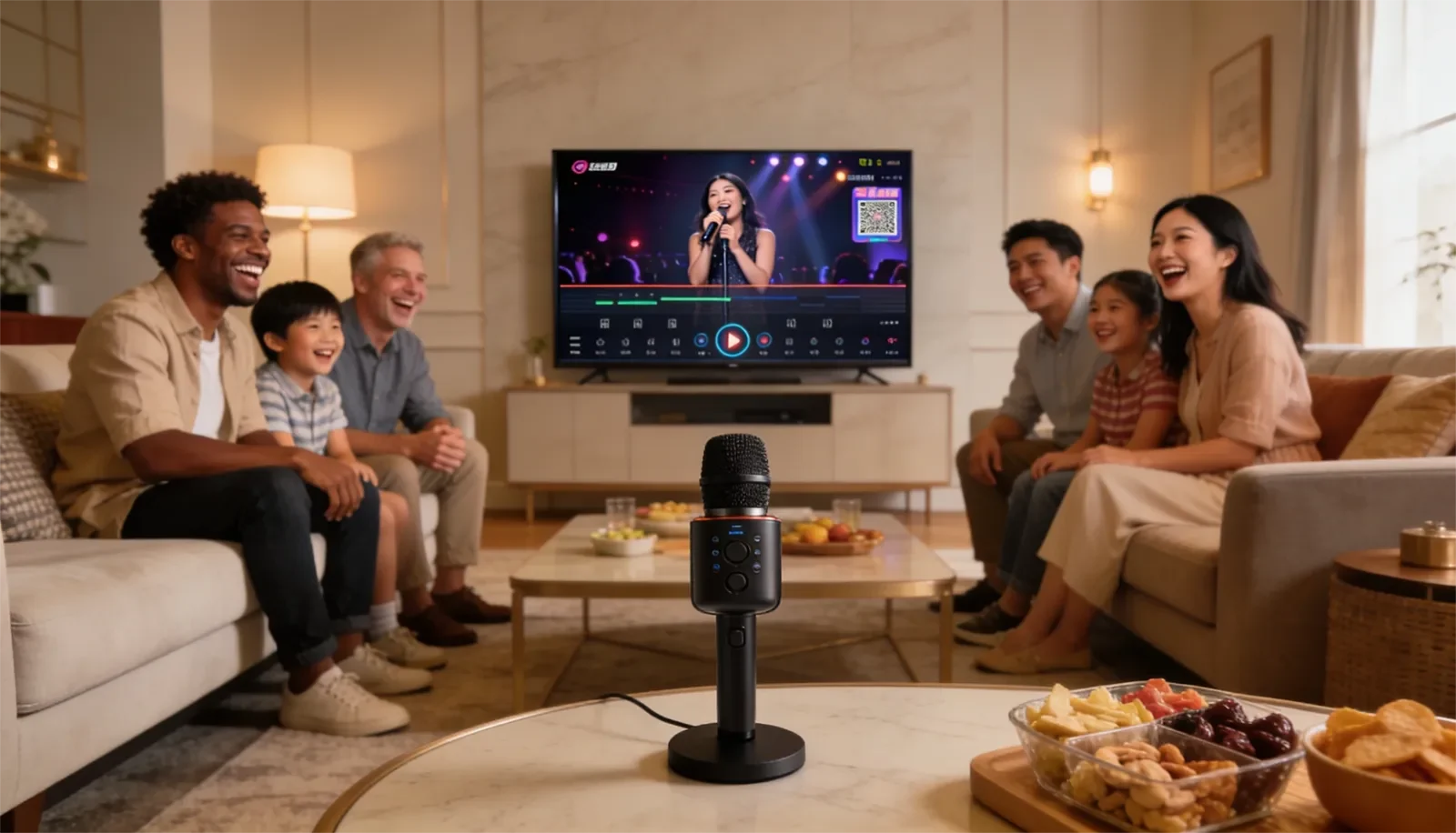 Friends and family enjoying simple karaoke party games in a modern home living room.