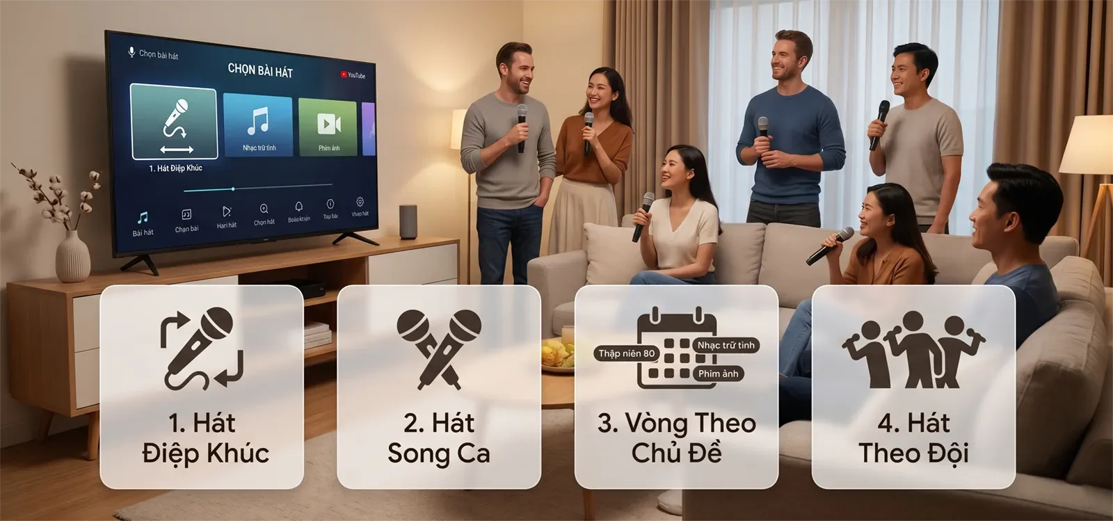 Các trò chơi karaoke đơn giản tại nhà gồm hát điệp khúc, hát đôi, vòng theo chủ đề và hát theo đội.