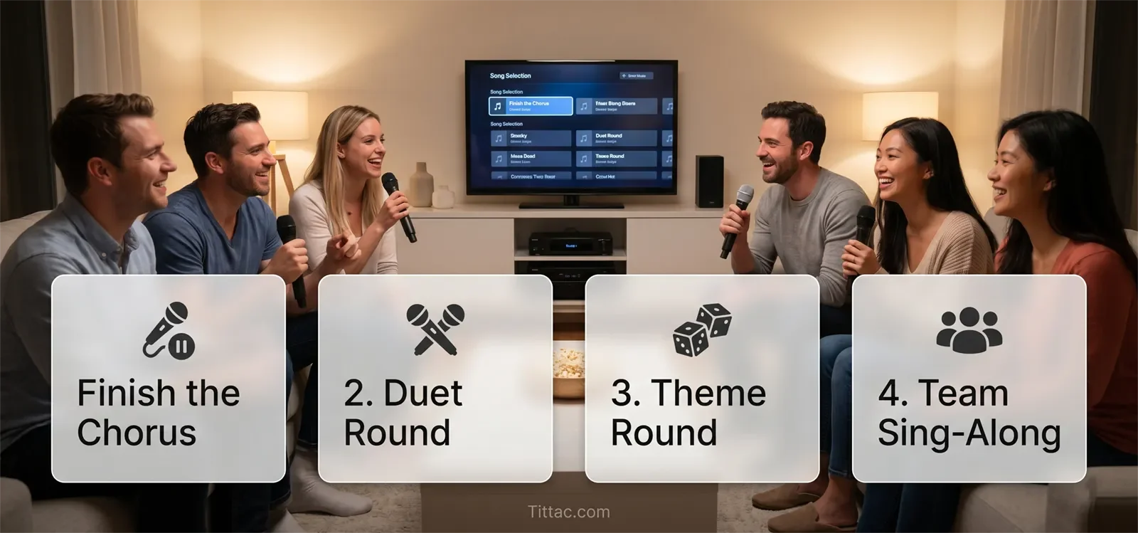 Karaoke party game ideas showing finish the chorus, duet round, theme round, and team sing-along.
