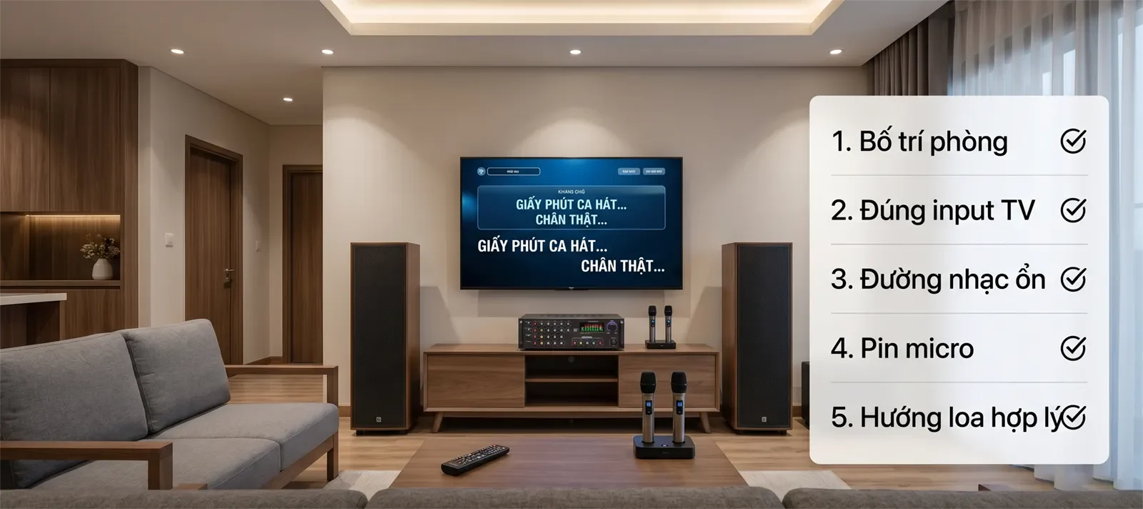 Checklist setup karaoke trước buổi tiệc gồm bố trí phòng, đúng input TV, đường nhạc ổn, pin micro và hướng loa hợp lý.