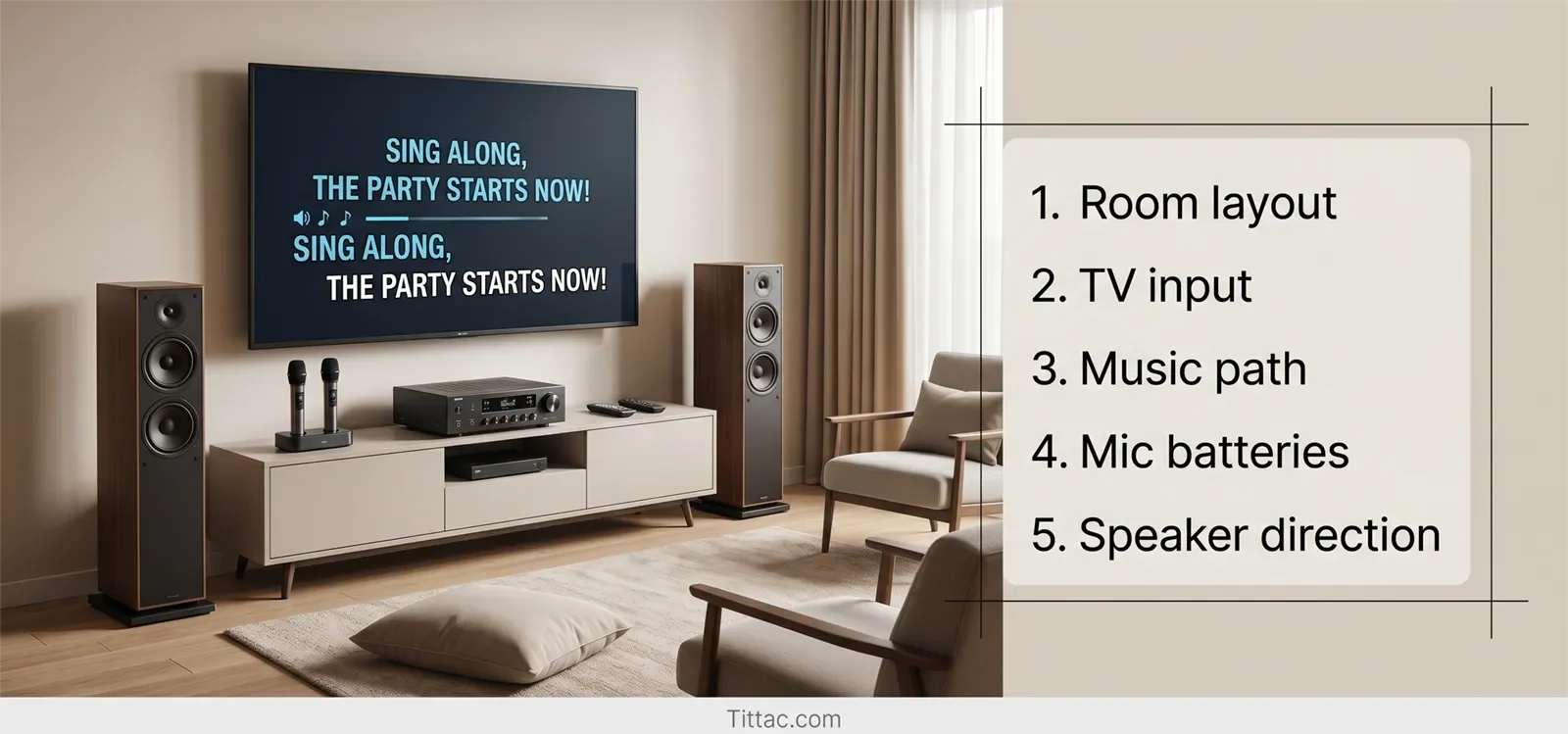 Karaoke party setup checklist showing room layout, TV input, music path, mic batteries, and speaker direction.