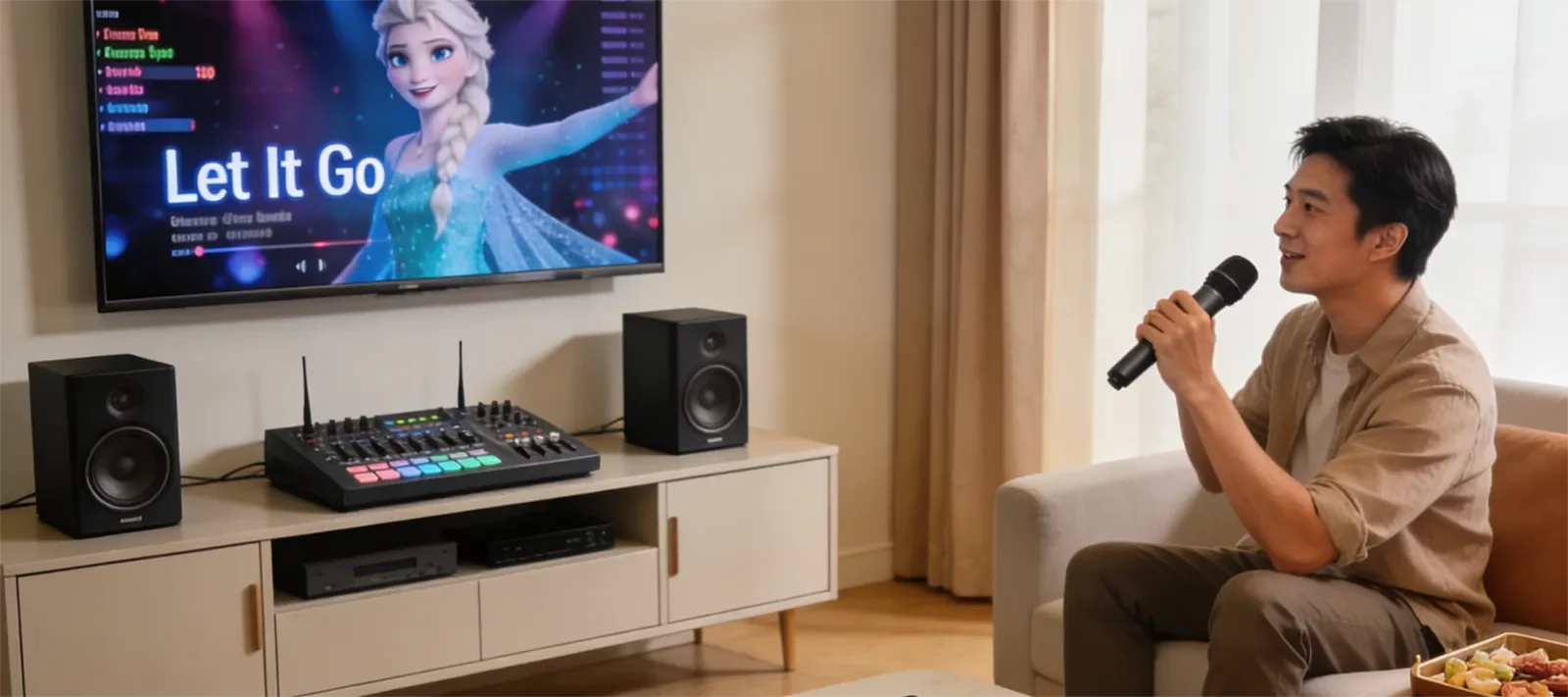 Checklist setup karaoke trước buổi tiệc với TV hiển thị lời, loa, micro, remote và khu vực hát gọn gàng.