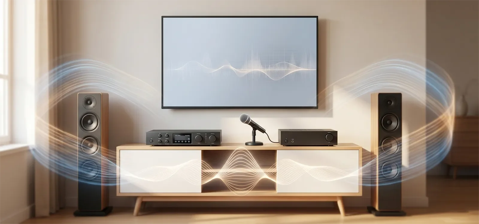 Visual concept of perceived loudness in karaoke showing clear vocals, balanced music, and controlled room sound.