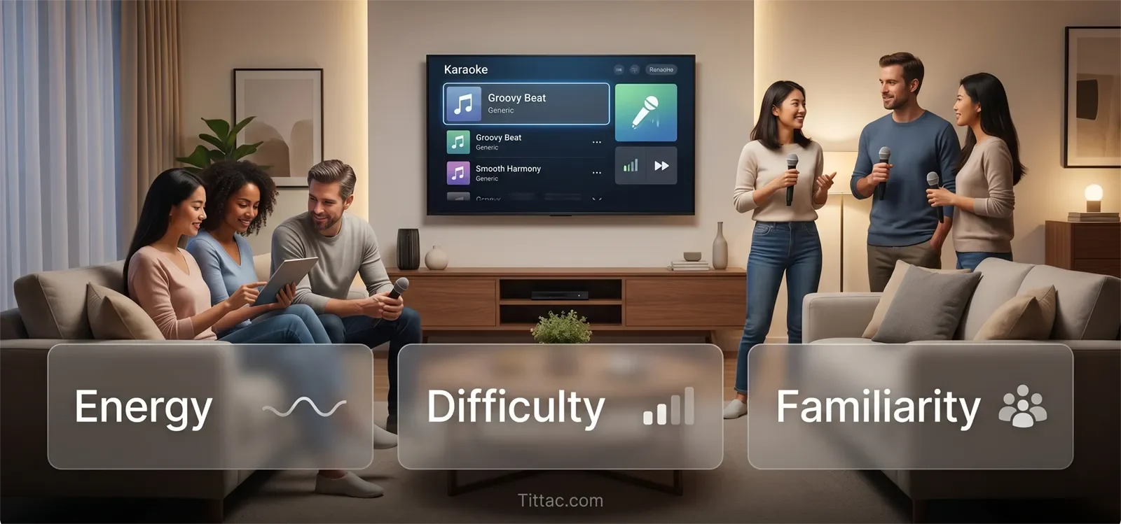 Karaoke playlist framework balancing energy, difficulty, and familiarity for home parties.
