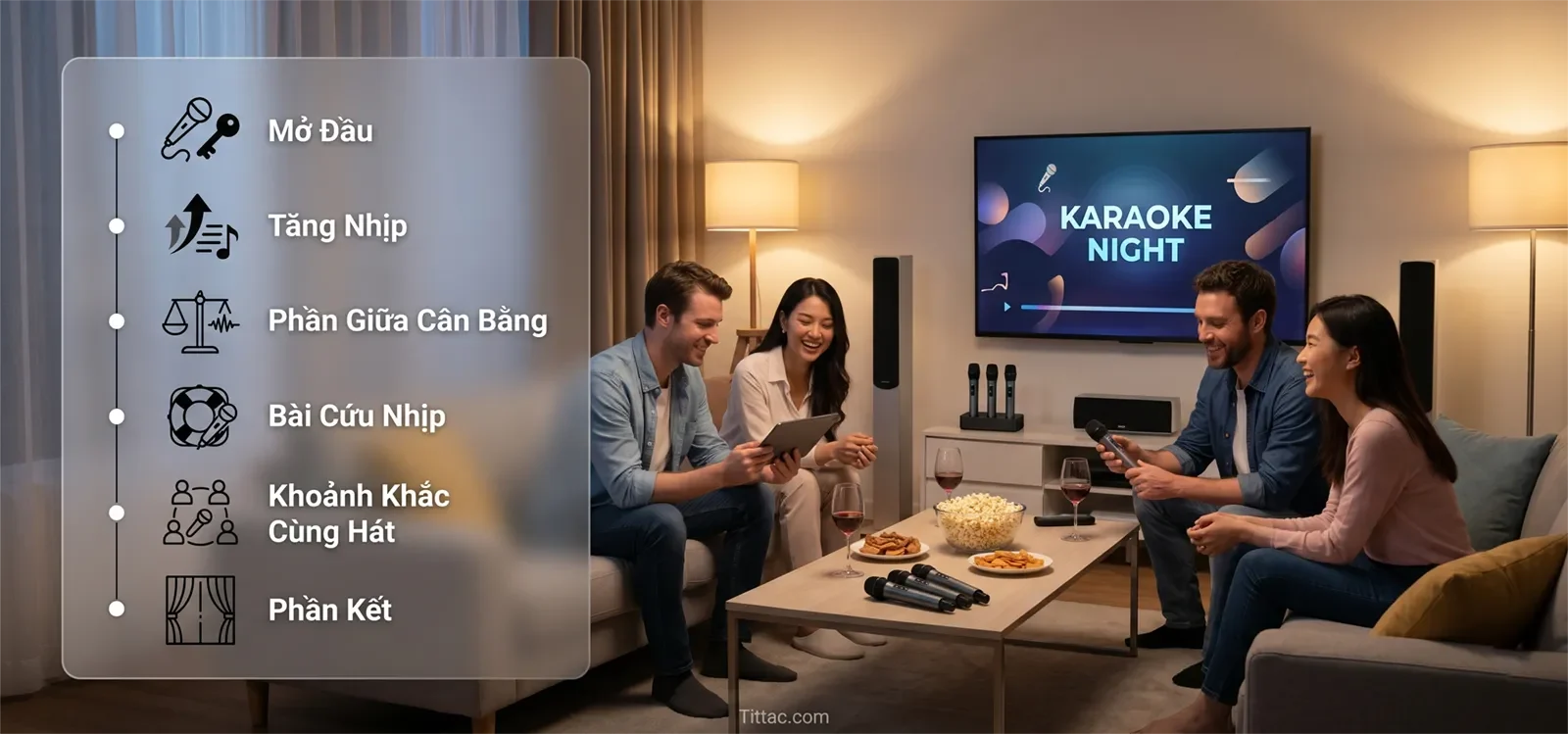 Cấu trúc playlist karaoke tại nhà từ mở đầu đến phần kết để giữ buổi hát mượt hơn.