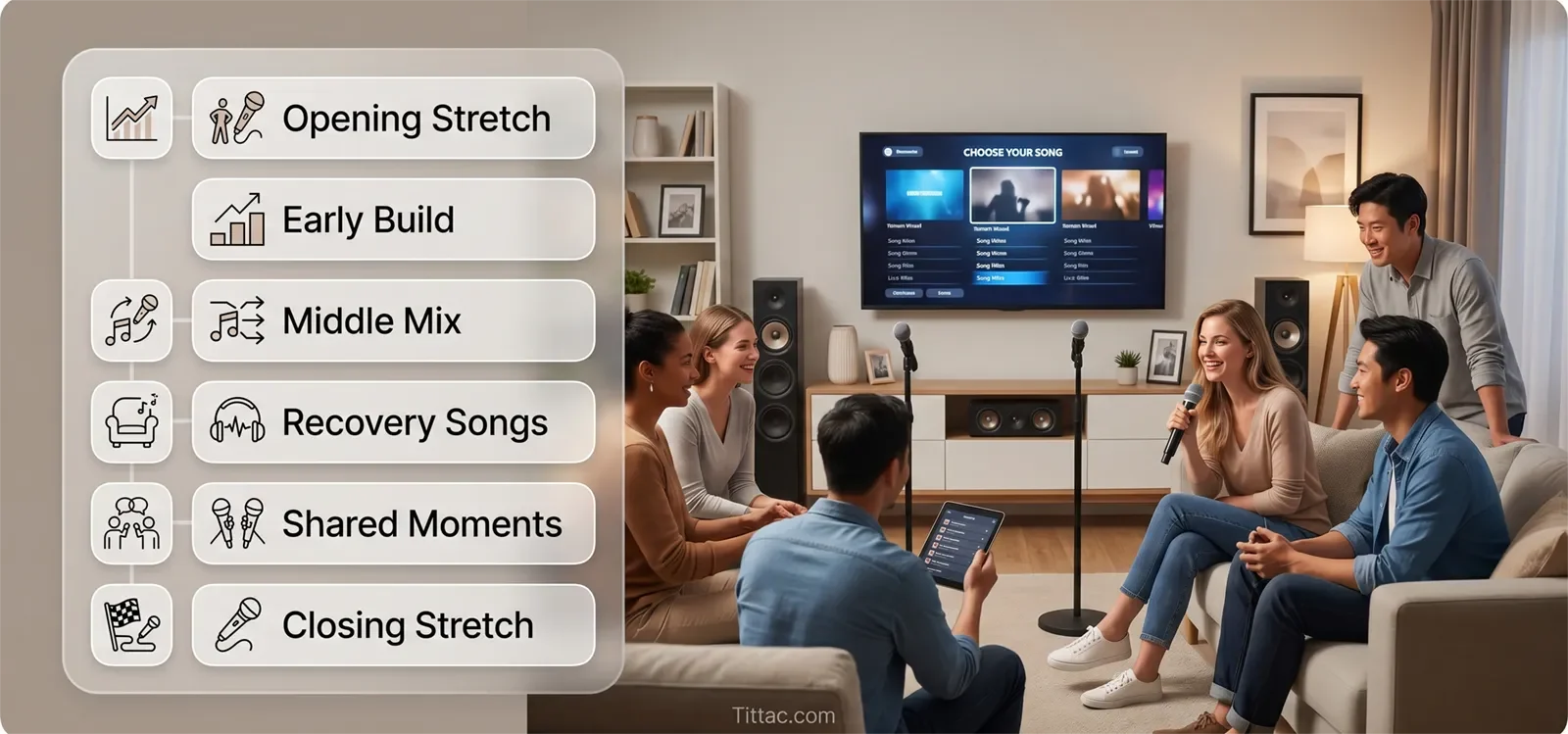 Reusable karaoke playlist structure from opening songs to closing crowd-friendly songs.