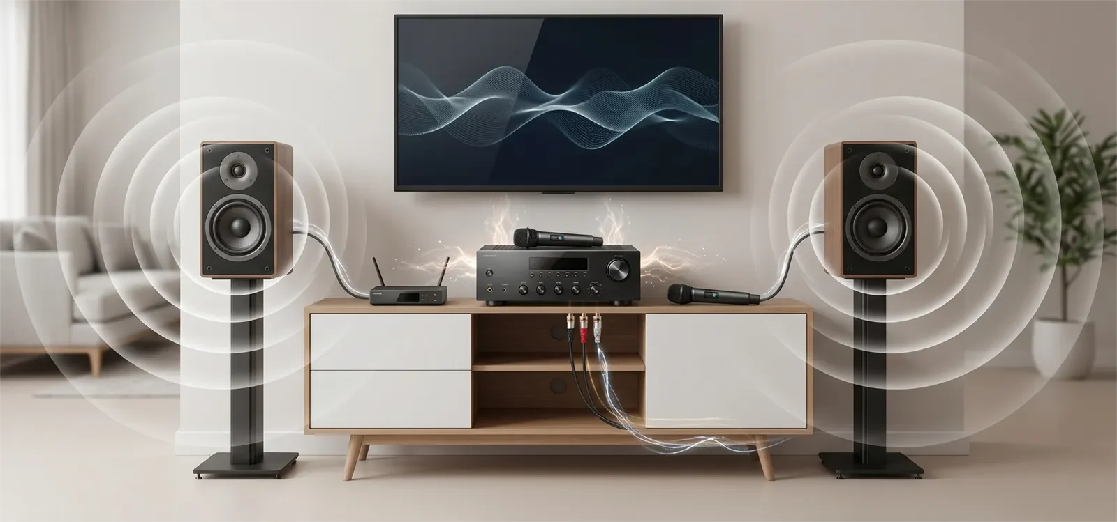 Visual concept showing how amplifier power and speaker output affect karaoke loudness in a home room.