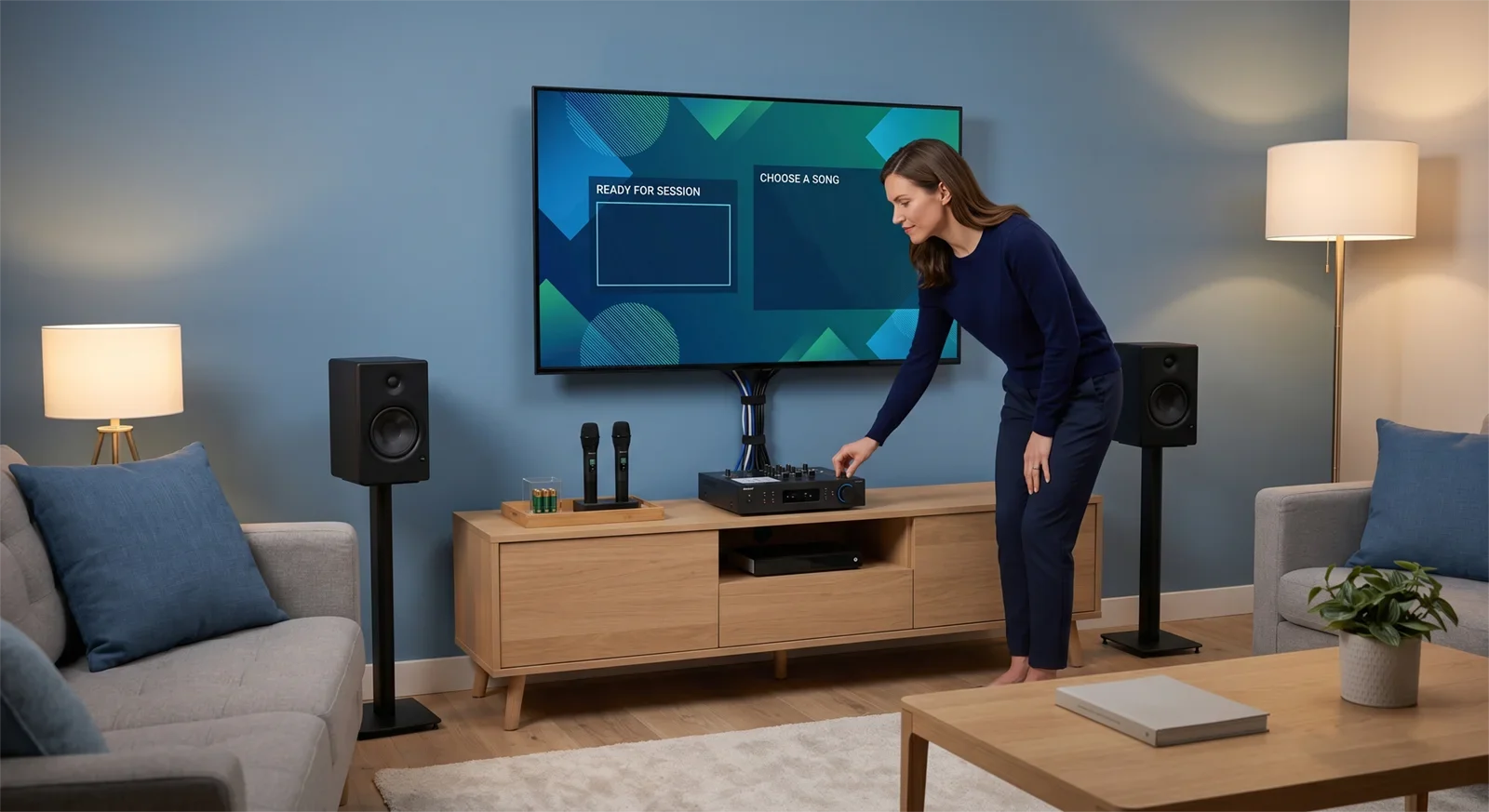 Người dùng kiểm tra setup karaoke trước buổi hát với micro không dây, pin, loa, TV và dây được sắp xếp gọn trong phòng khách.