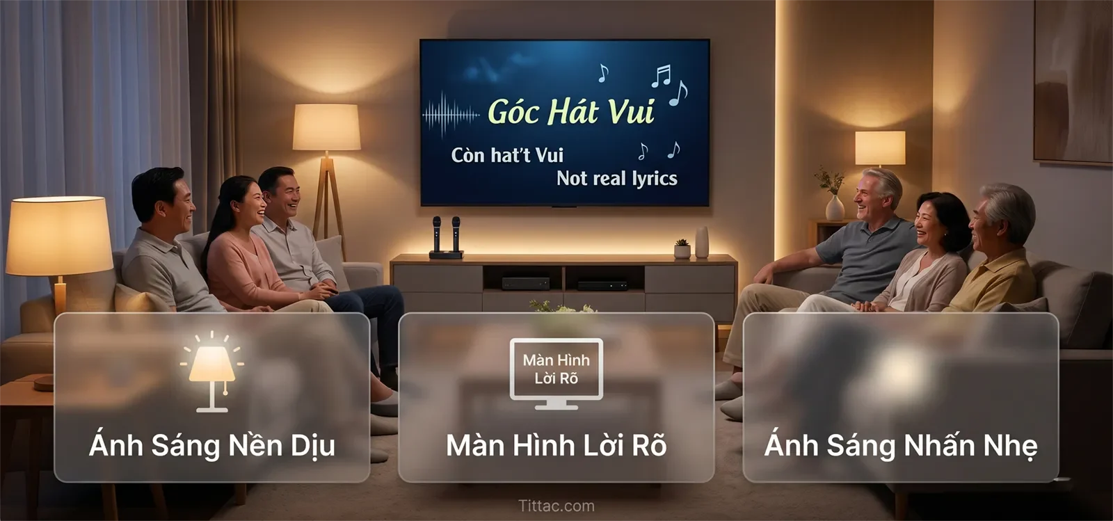 Các lớp ánh sáng cho phòng karaoke gia đình gồm ánh sáng nền dịu, màn hình lời rõ và ánh sáng nhấn nhẹ.
